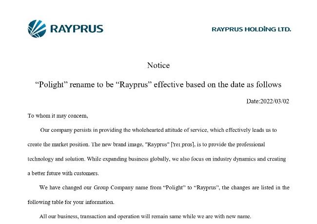"Polight" rebrand to be "Rayprus”
